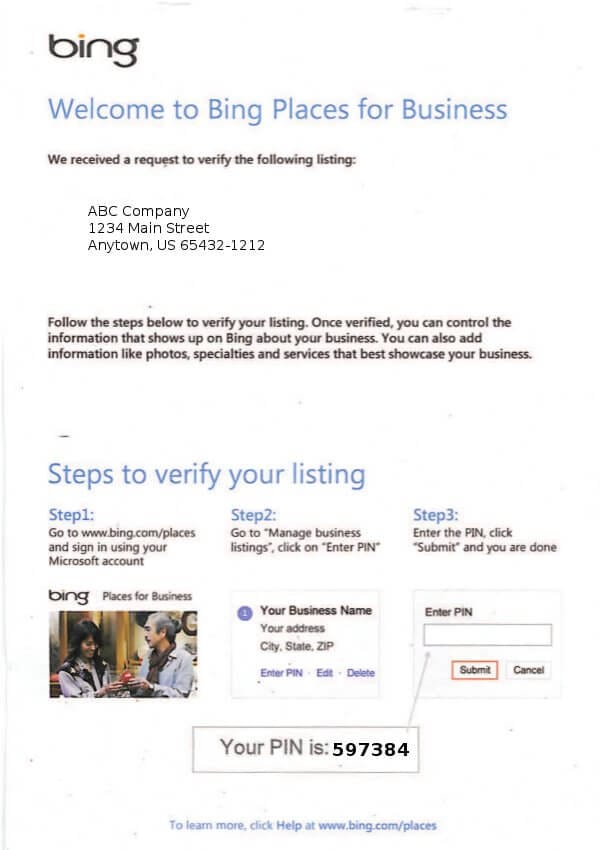 Bing verification mail
