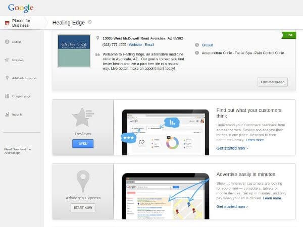 Google Places for Business Dashboard